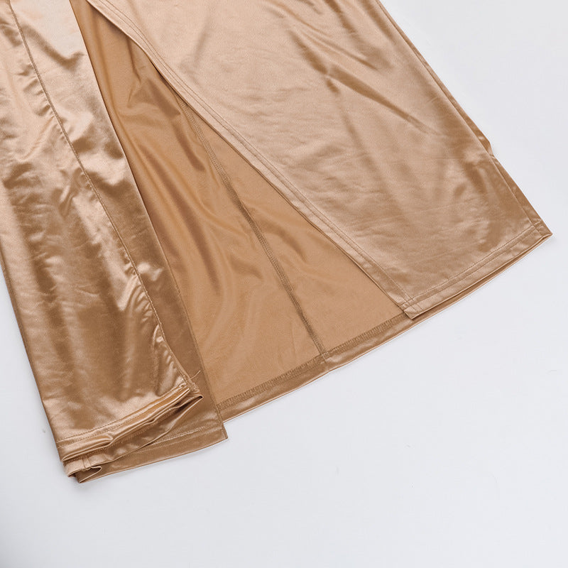 Satin Halter Gown | Backless Evening Dress, High Slit, Champagne Gold Elegance | noémi