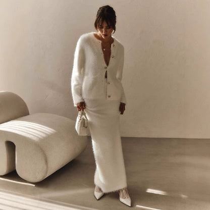 Long Sleeved Skirt | Cozy Button Up Cardigan & Midi Skirt | noémi