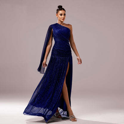 One Shoulder Sparkle Gown | Draped Sleeve & High Slit | Cocktail Dress | noémi