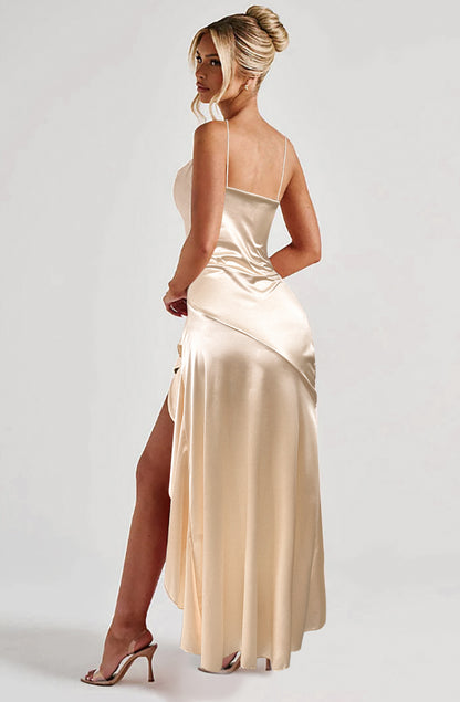 Womens Satin High Slit Formal Dress | Sleeveless Backless Spaghetti Strap Gown, Slim Fit | noémi