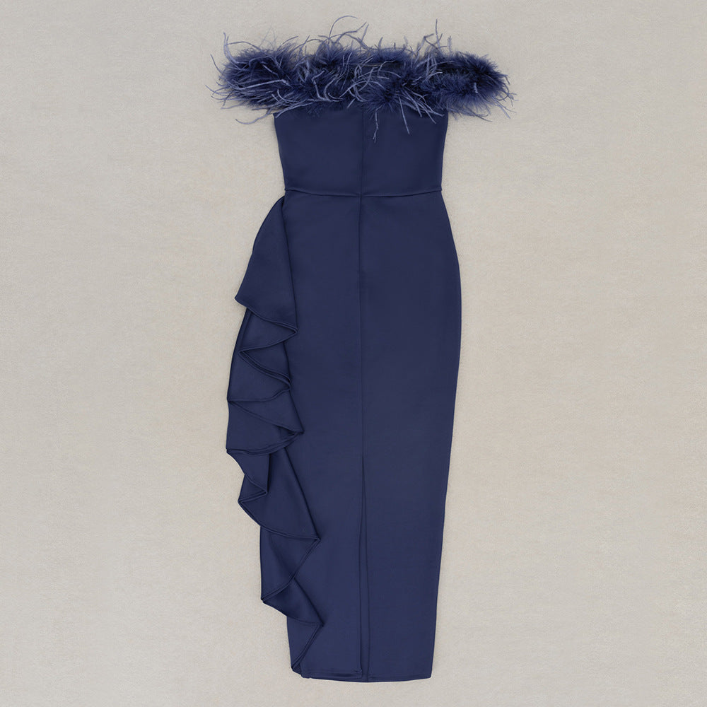 Womens Off Shoulder Ruffled Maxi Dress | Slim Fit, Feather Trim Detail | noémi