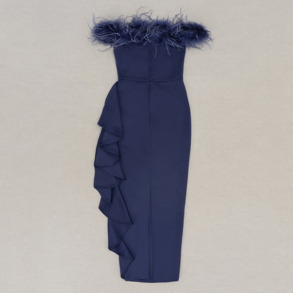 Womens Off Shoulder Ruffled Maxi Dress | Slim Fit, Feather Trim Detail | noémi