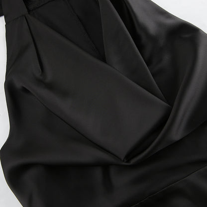 Black Off Shoulder Satin Dress | Swing Skirt Self Tie Waist | noémi