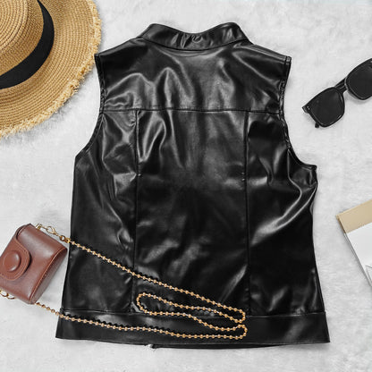 Sleek Stand Collar Faux Leather Vest | Sleeveless Slim Fit with Waist Defining Zipper Detail | noémi