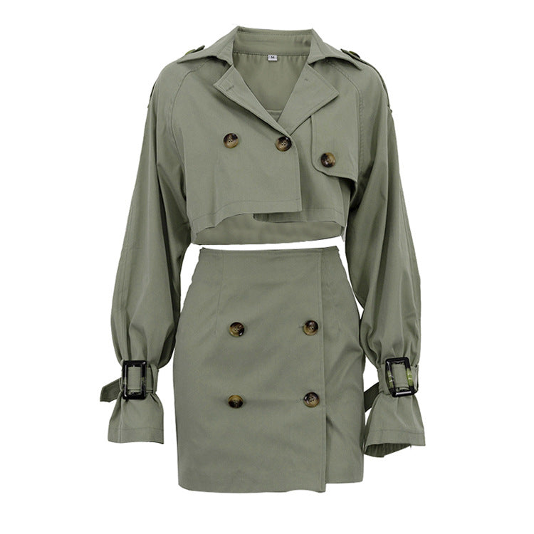 Womens Cropped Trench Coat Set | Chic Button Up Jacket & Mini Skirt Co ord | noémi