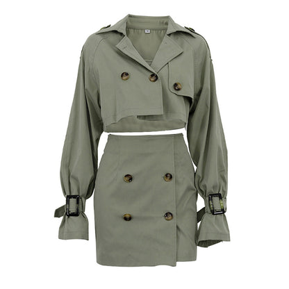 Womens Cropped Trench Coat Set | Chic Button Up Jacket & Mini Skirt Co ord | noémi