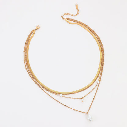 Multi Layer Gold Necklace with Water Drop Pearl | Tassel Pendant for Women | noémi