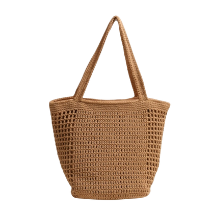 Cotton-Woven Shoulder Tote Bag – Hollow-Out Large-Capacity Beach Carryall, Cream | noémi