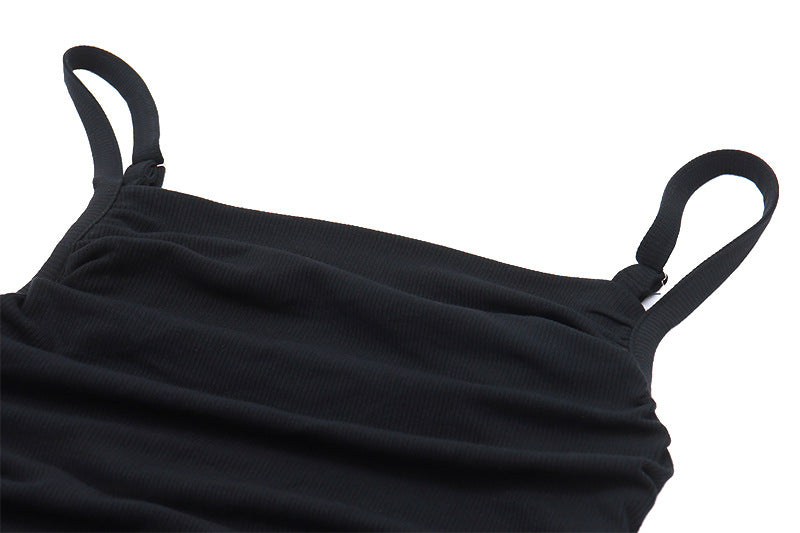 Ruched Stretch Camisole | Black Ribbed Tank with Adjustable Spaghetti Straps | noémi