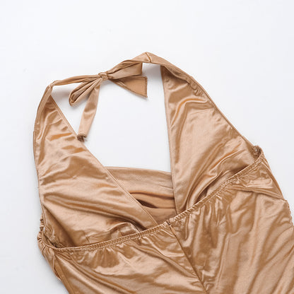 Satin Halter Gown | Backless Evening Dress, High Slit, Champagne Gold Elegance | noémi