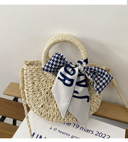 Straw Crossbody Bag with Plaid Scarf | Stylish Woven Summer Beach Bag | noémi