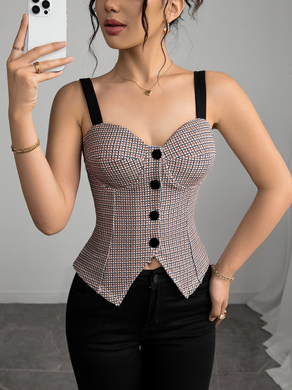 Retro Plaid Corset Tube Top | Button Front, Slim Fit, French Chic Style | noémi