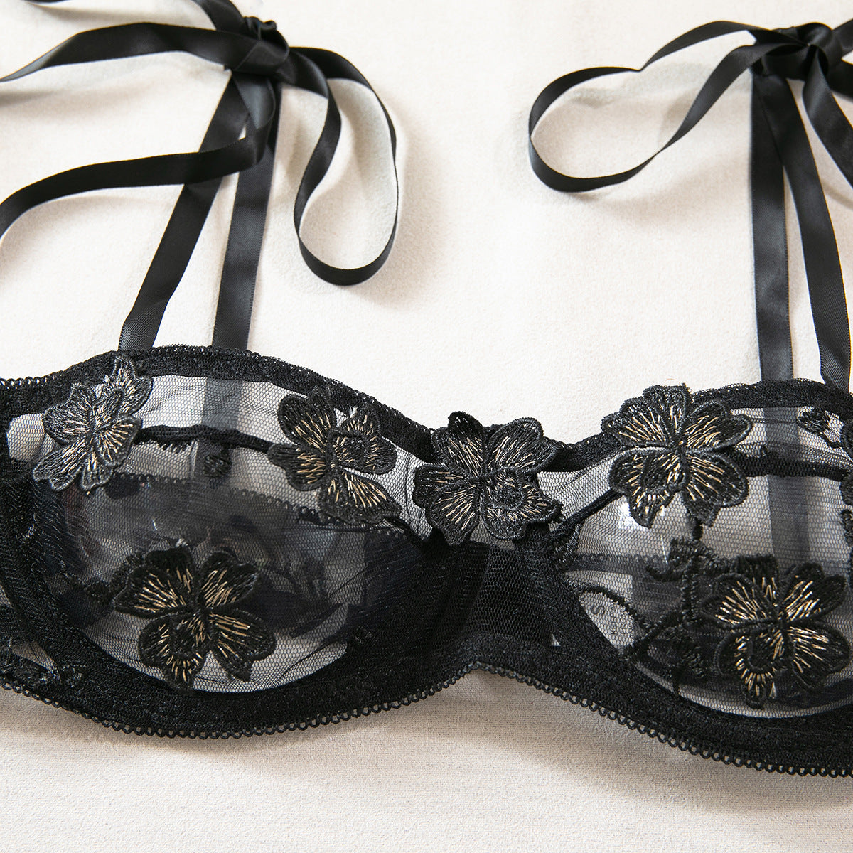 Floral Embroidered Bow Lace Up Two Piece Lingerie Set for Women | noémi