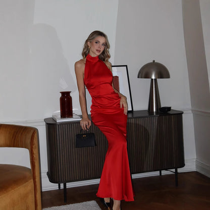 Satin Fishtail Dress | Sleeveless Halter Slim Fit Backless Gown | noémi