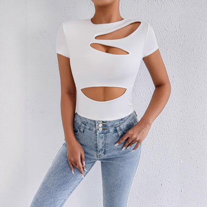Hollow Out Crop Top | Short Sleeve, Cutout Summer Tee, Round Neck | noémi