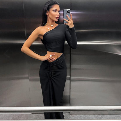 One Shoulder Pleated Cropped Dress | Split Mid Length | noémi