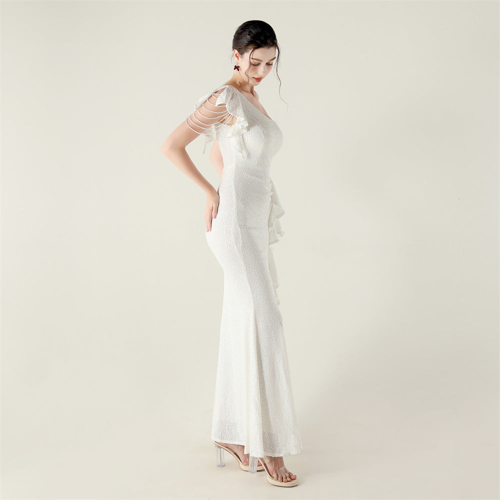 One Shoulder Ruffle Sequin Dress | noémi