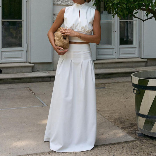 White Halter Crop Top & Pleated Maxi Skirt | Two Piece Set, Backless, Tie Back | noémi