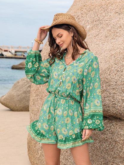 Boho Green Floral Long Sleeve Beach Romper | Lightweight | noémi