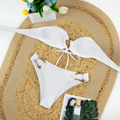 Tube Top Metal Buckle Bikini with Lace Maxi Dress Three Piece Set for Women | noémi