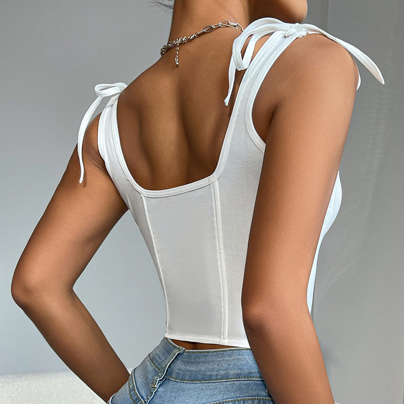 Corset Camisole Top | White Boned Bustier with Bow Tie Straps, Square Neckline Figure Hugging Fit | noémi