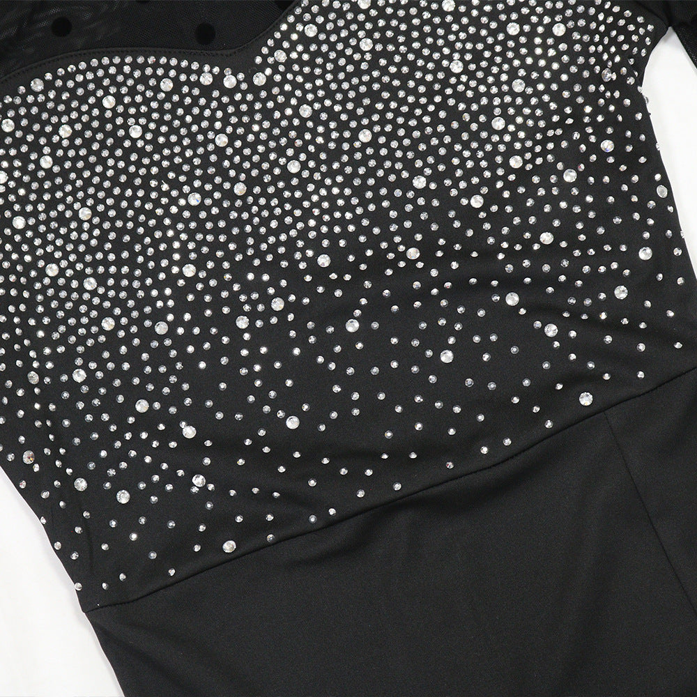 Mesh Long Sleeve Patchwork Dress | Slim Fit, Waist Enhancing, High Slit Formal Gown for Women | noémi