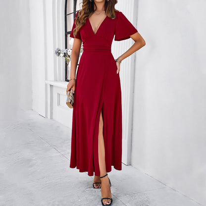 Women's Wrap Maxi Dress with Slit | Deep V Neck, Short Sleeves | noémi
