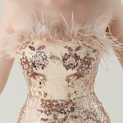 Sequin Beaded Floral Feather Gown | Mesh Fishtail Strapless Cross Back | noémi