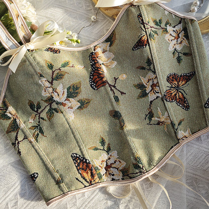 Floral Print Bow Shoulder Strap Corset Vest with Fitted Silhouette | noémi