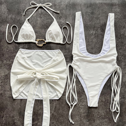 Womens Lace Up Bandage Three Piece Bikini with Metal Buckle Detail | noémi