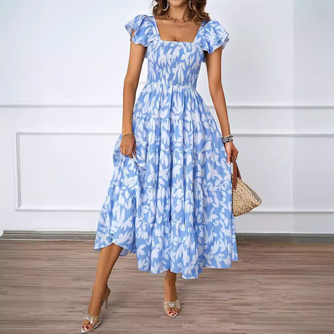 Womens Boho Print Midi Dress with Ruffle Sleeves & Pleated Skirt | Square Neckline | noémi
