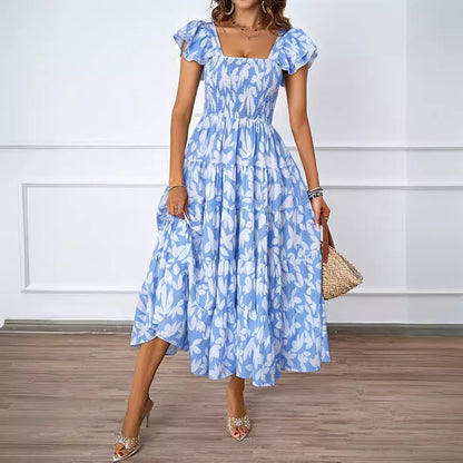 Womens Boho Print Midi Dress with Ruffle Sleeves & Pleated Skirt | Square Neckline | noémi