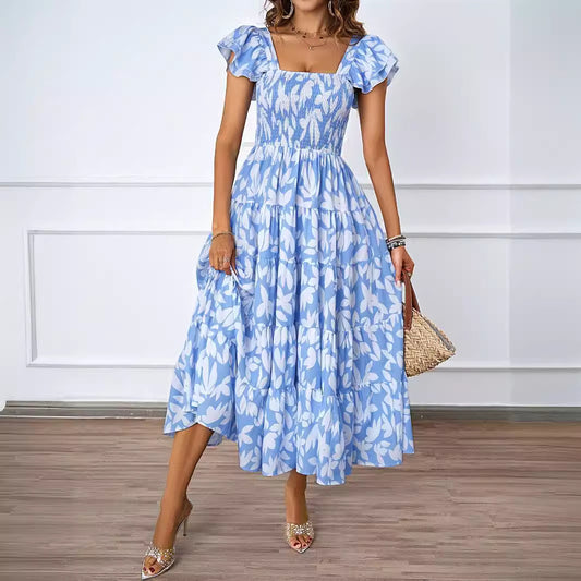 Womens Boho Print Midi Dress with Ruffle Sleeves & Pleated Skirt | Square Neckline | noémi