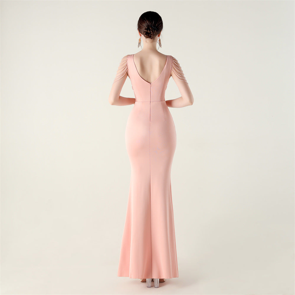 Deep V Plunge Beaded Evening Dress | Slim Fit Gown | noémi