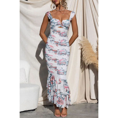 Floral Print Slim Fit Sling Dress | Zipper Back, Ruffle Hem | noémi