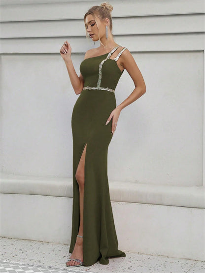 One Shoulder Slit Evening Dress | Metallic Waist Detail | noémi