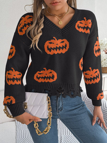 Halloween Pumpkin Sweater for Women | Cut Out Pullover with Distressed Hem | noémi