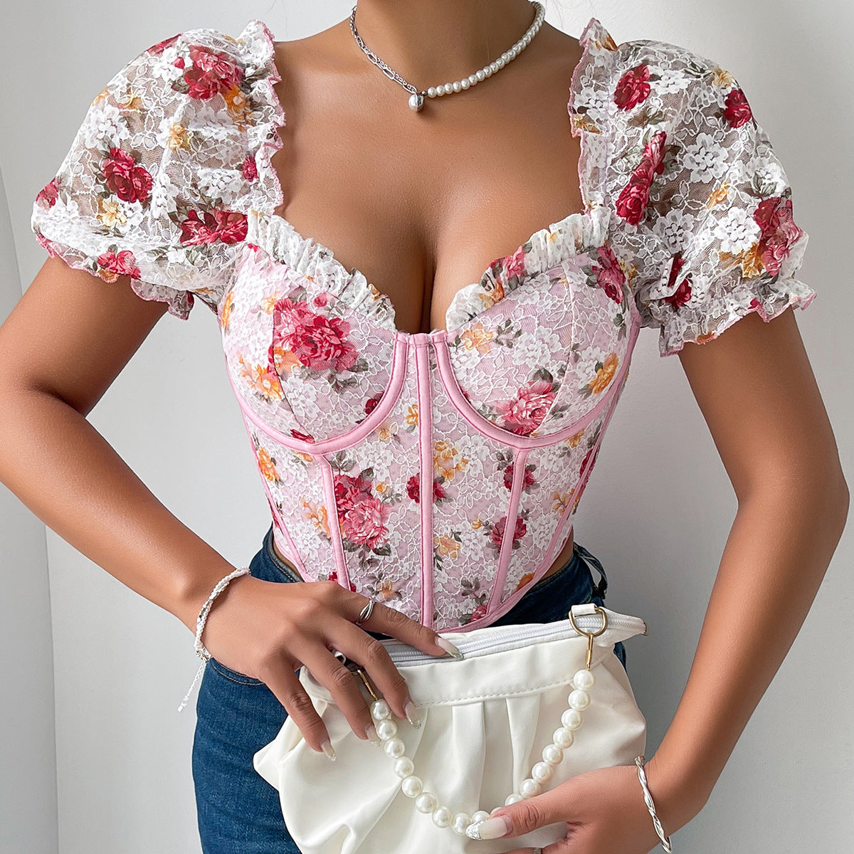 Women’s Floral Embroidered Puff Sleeve Corset Top | Lace Up Bustier Crop Blouse | noémi