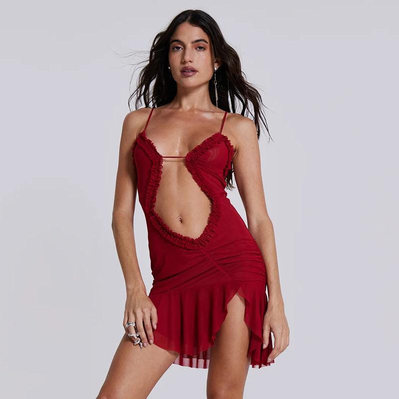 Womens Backless Mesh Splice Sling Mini Dress | noémi
