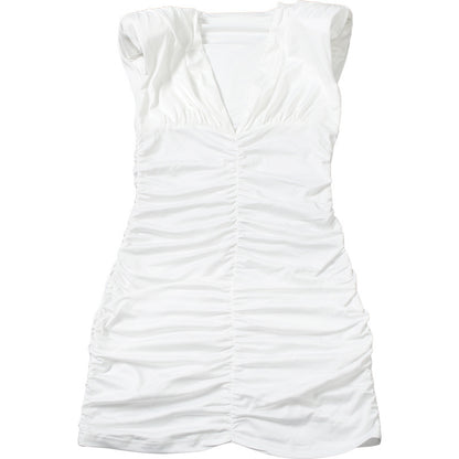 Womens VNeck Pleated Bodycon Dress | Slim Fit, Hip Accentuating, Solid Color | noémi `