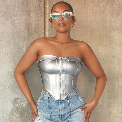 Metallic Faux Leather Corset Top | Silver ZipUp Boned Tube Top with Off Shoulder Detail | noémi