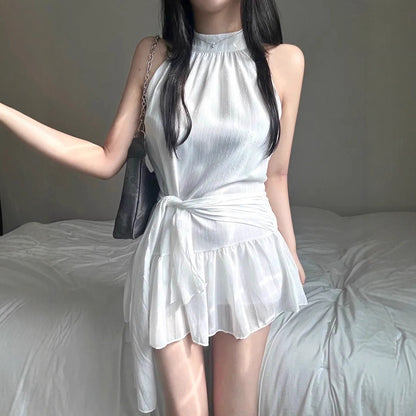 Womens Halter Neck Sleeveless Dress with Lace Up Waist and Double Layer Flounced Skirt | noémi