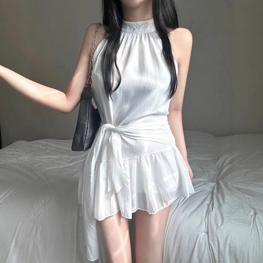 Womens Halter Neck Sleeveless Dress with Lace Up Waist and Double Layer Flounced Skirt | noémi