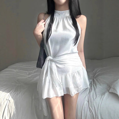 Womens Halter Neck Sleeveless Dress with Lace Up Waist and Double Layer Flounced Skirt | noémi