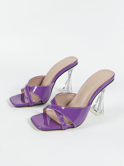 High Heels Open Toe Square Toe Slippers with Transparent Crystal Heel | noémi