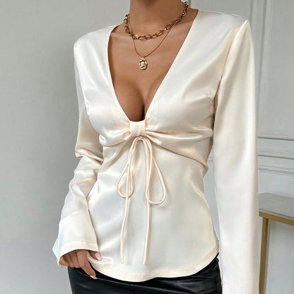 V Neck Bow Tie Long Sleeve Shirt | Womens Top | noémi