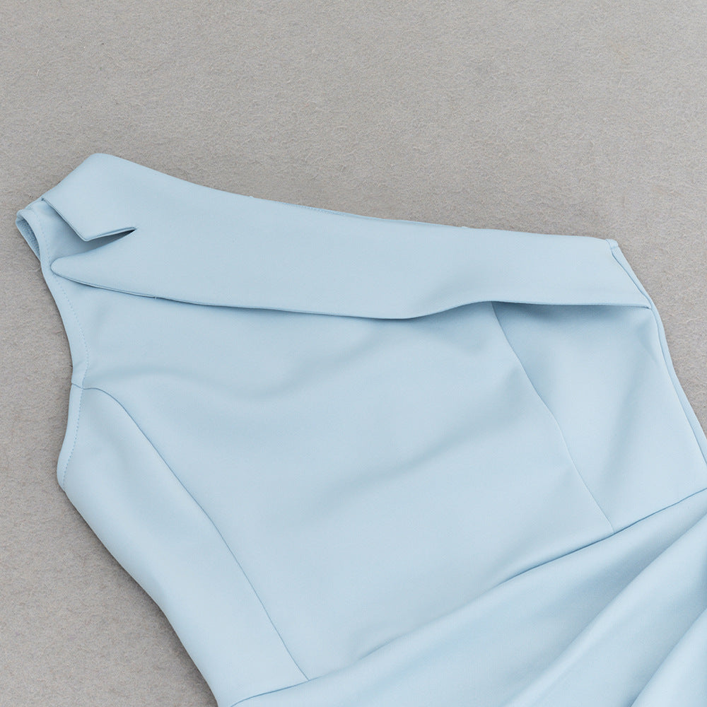 One Shoulder Sleeveless Dress with Side Slit and Lace Stitch Detail | noémi