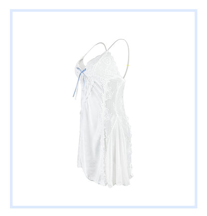 Satin Lace Trim Nightdress | White Slip with Bow & Side Slit | noémi