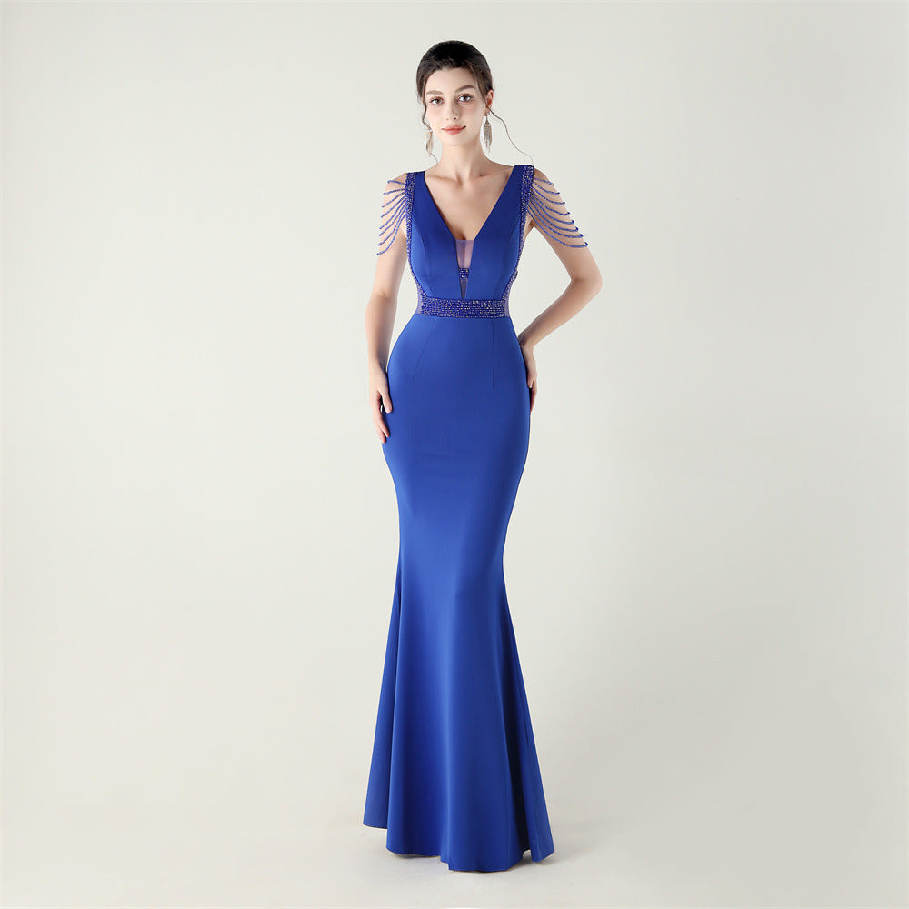 Deep V Plunge Beaded Evening Dress | Slim Fit Gown | noémi