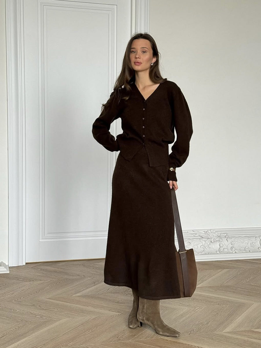 Two Piece Knit Skirt Set | Cozy Button Cardigan & Straight Skirt | noémi